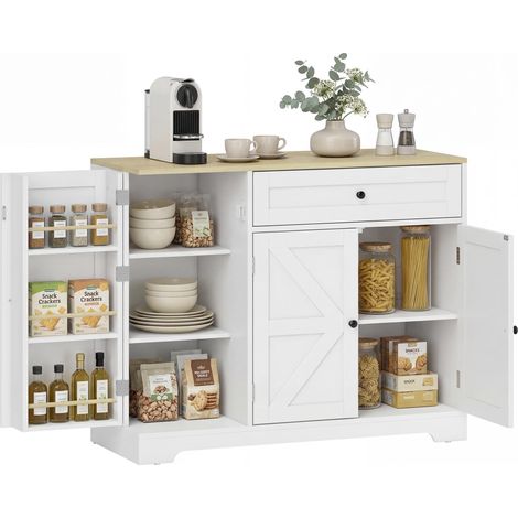 Buffet, meuble de cuisine de style campagnard avec portes coulissantes, 1 tiroir, 2 étagères réglables, étagères de porte (1/5)