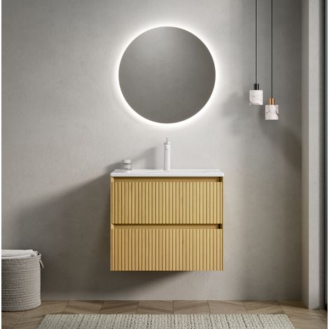 Meuble lave-mains suspendu 61 cm en céramique et pierre frittée, façade bois massif, 2 tiroirs, coloris au choix (1/5)