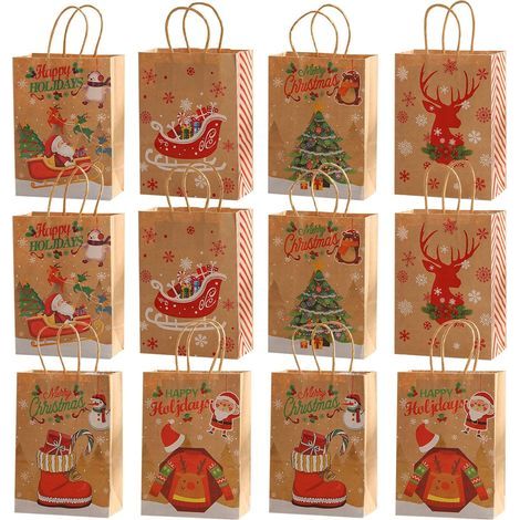 Christmas Gift Bags, 12-Piece Kraft Paper Christmas Gift Bags, Reusable Christmas Gift Pouches, Paper Christmas Gift Bags with Handles, Christmas Gift Bags for Sweets and Cookies (1/5)