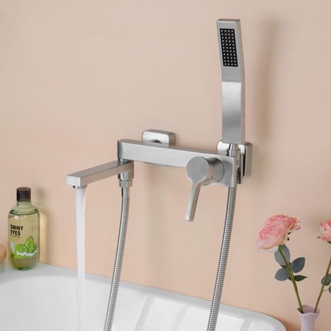Robinet de Baignoire avec Douchette, Mitigeur Baignoire avec Bec Rotatif à 90°, Nickel brossé PTBL17E (1/5)
