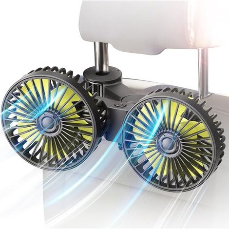 Ventilateur voiture double tête pour appuie-tête, rotation 360°, moteur silencieux, 3 vitesses, 5 pales, alimentation USB universelle (1/2)