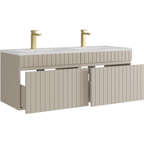 Mobile bagno sospeso scanalato beige con lavabo da incasso e rubinetto 120 cm - SATARA (1/2)
