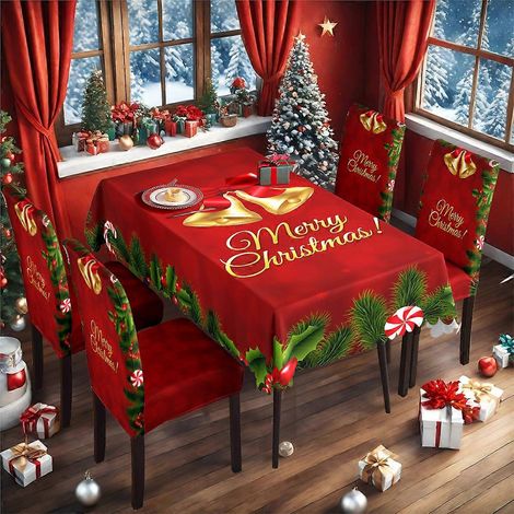 Ensemble nappe et housse de chaise de Noël rouge classique 2025, imperméable et extensible (TC-56, 140 x 210 cm). (1/4)