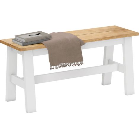 Banc 2 places. banc en bois aspect chêne. barre transversale de stabilisation. pour salon. salle à manger. couloir. bois d'hévéa. blanc (1/5)