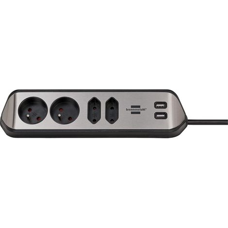 Multiprise avec 4 Prises (multiprise avec Surface en Acier Inoxydable pour Cuisine et Bureau, avec Fonction de Charge USB) Argenté/Noir (1/5)