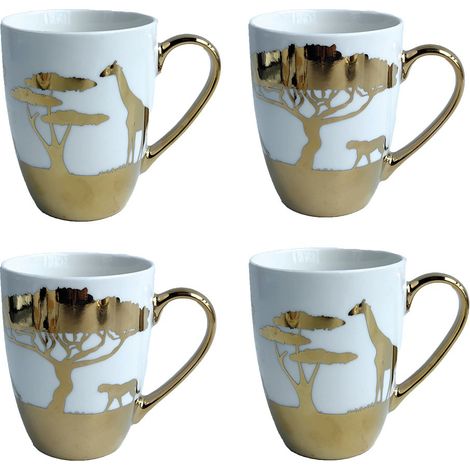 Lot de 4 Mugs en Céramique Dorés Design Savanne pour Café Thé Chocolat Chaud 450 ml - PANGIVO (1/5)