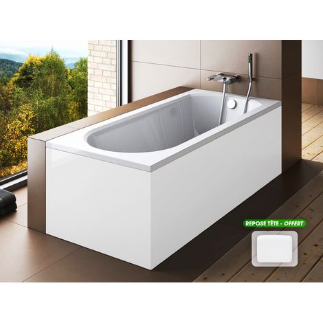 Baignoire rectangulaire - avec Tablier Blanc et Repose Tête OFFERT INTRICA 160x75