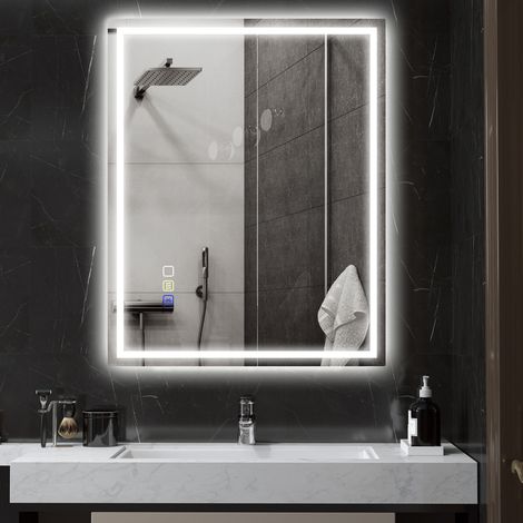 Horizontal/vertical - Miroir mural LED et Bluetooth 100x80 cm, 3 couleurs, luminosité réglable, mémoire, anti-buée, tactile (1/4)