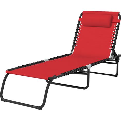 Bain de Soleil transat Pliable Dossier inclinable Multi-Positions Acier thermoplastique Lacets élastiques Noir textilène Rouge