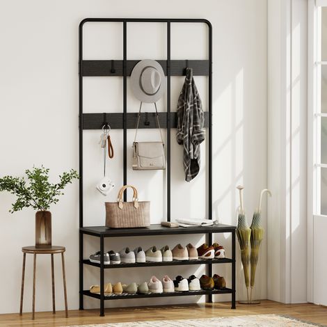 Porte-manteau 3 en 1, crochets pour vêtements, banc, étagère à chaussures, métal, panneaux de particules, noir