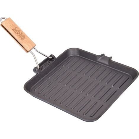 Bistecchiera in Ghisa piastra Antiaderente 24x24cm griglia con Manico in Legno e Beccuccio Scolo Grassi per Induzione Gas e Ceramica Cucina Sana per arrostire pesce carne verdura barbecue in casa