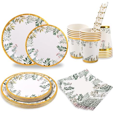 Lot de 125 assiettes en carton vert sauge pour 25 invités, assiettes plates de 22,9 cm, assiettes à dessert de 17,8 cm, gobelets jetables, pailles, serviettes (1/5)