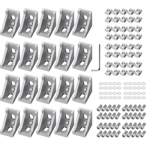 20 pièces Équerres de Fixation Aluminium 28x28x20mm - Pour Profilé à Rainure 6mm - Connecteurs d'Angle Droit avec Boulons M5x10mm - Série 2020 (1/5)