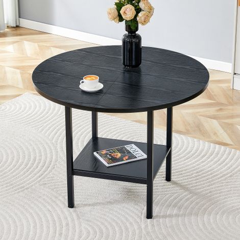 Table à manger ronde 100 cm avec étagère de rangement, 4 à 6 personnes, MDF noir et métal noir