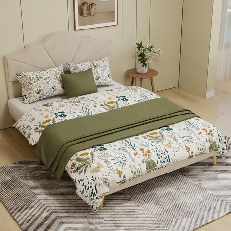 Lit rembourré 160x200 cm beige en velours, avec tête de lit capitonnée, sommier à lattes inclus, cadre de lit moderne sans matelas (1/5)