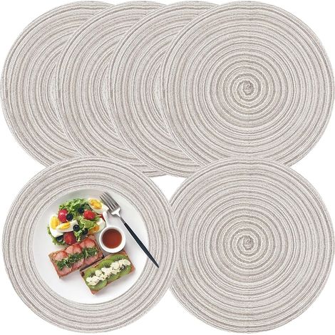 Set di 6 tovagliette rotonde intrecciate, 30 cm, lavabili, adatte per tavoli da pranzo interni ed esterni, cucine, feste e matrimoni - Posate non incluse.