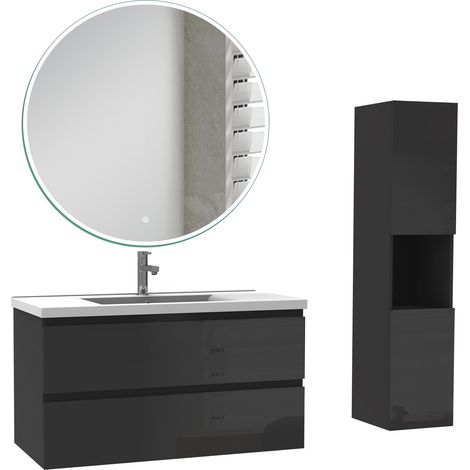 Ocean Ensemble de Meuble salle de bain 99cm + miroir led rond + colonne 131.5cm, noir Haut Brillant