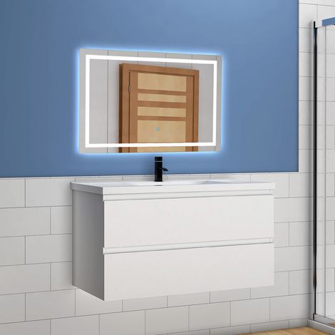 Ocean 99(L)x44.5(P)x52(H)cm meuble Salle de Bain blanc avec 2 tiroirs à une fermeture amortie avec une vasque à suspendre avec un miroir de 90x60 cm (1/5)