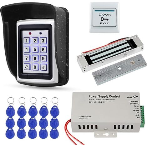 Door Access Control System RFID Keypad Waterproof Outdoor + 180kg Electric Magnetic Lock + Rainproof Cover + Key Cards for Home (1/5)