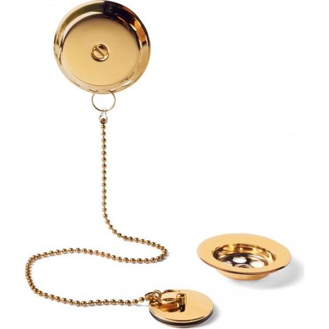TRES 03474501OR COMPLEMENTOS DE GRIFERÍA Cazoleta Plana De Desagüe con Kit De Enganche De Cadenilla y Tapón para Bañera Oro 24K - ref: 03474501OR (1/3)