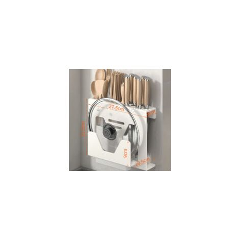 Soporte para cuchillos de acero inoxidable 304 con estante para palillos – Organizador de pared/escritorio sin necesidad de taladrar para cubiertos, tablas de cortar y tapas (blanco), CREA-Crezuo