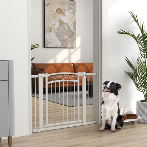 Porte Chien Largeur Réglable 76-104 Rallonges Double Serrure Blanches Animaux Compagnie (1/4)