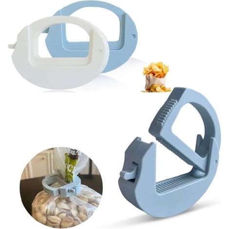 Lot de 2 clips de fermeture réutilisables pour collations, pain et aliments surgelés avec poignées à crochet (bleu/blanc)