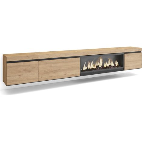 Skraut Home – Meuble TV suspendu avec cheminée électrique LED – Grand rangement chêne noir – Dimensions 288x35x45cm – Style moderne (1/5)