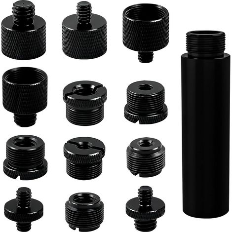 Black microphone stand adapters (13 pieces) with screws and extension tubes, for 3/8" and 3/8" to 1/4" male and 1/4" microphone stands, complete range of microphone accessories (1/5)