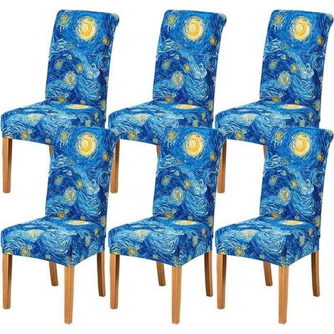 Lot de 6 housses de chaise de salle à manger extensibles Universelles, polyester et Élasthanne, Ciel Étoilé bleu (1/4)