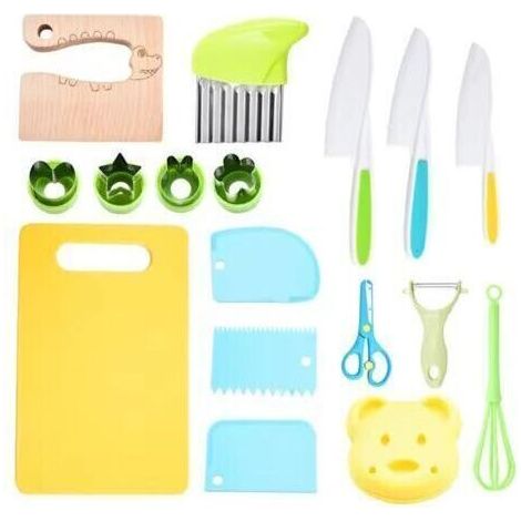 Set of 17 children's knives and kitchen utensils, child-safe kitchen knife with cookie cutters, wooden knives for cutting fruits and vegetables, for children aged 2 and up