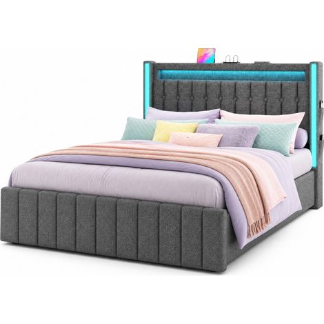 Lit capitonné 160x200 cm avec LED, USB et 4 tiroirs, cadre de lit gris en tissu, sommier à lattes en bois, pour adulte et ado CHICFURN (1/5)