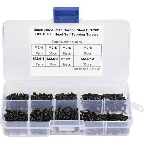 Vis noires autotaraudeuses pour métaux, acier inoxydable, plastique et bois tendre (400 pièces). (1/5)