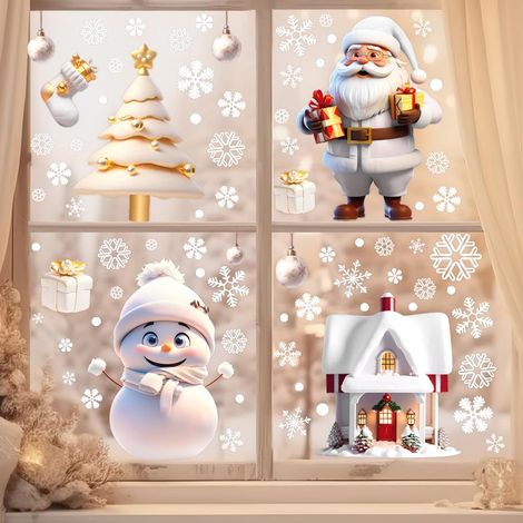 Stickers pour fenêtres - Stickers de Noël pour fenêtres (lot de 4) - Effet 3D - 20 x 30 cm - Réutilisables - Décorations de Noël : bonhomme de neige, flocon de neige (1/3)