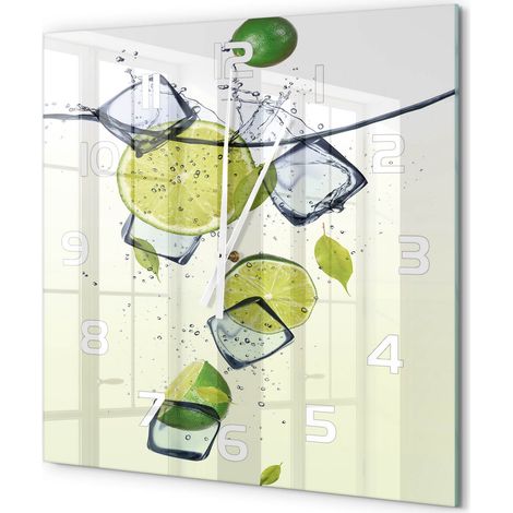 Grande Horloge Murale Carrée Design Original Verre Silencieuse Déco Maison Citrons verts et glace 60x60 cm (1/5)
