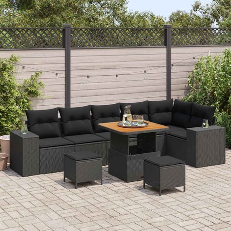 vidaXL Conjunto de sofá de jardín 9 uds. 6-Número de plazas Negro (1/5)