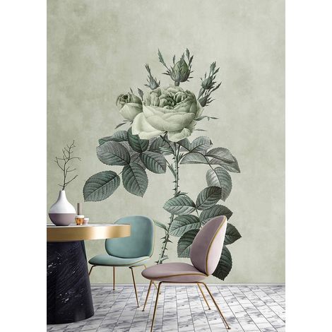 Papier peint panoramique floral vintage vert & gris | Tapisserie panoramique pastel fleurie idéale cuisine | Papier peint panoramique shabby chic couloir - 270 x 400 cm (4 pièces) (1/5)