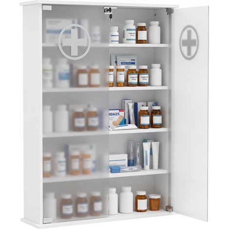 HOMCOM botiquín de pared de primeros auxilios, de 5 niveles con 2 puertas de cristal, estantes ajustables, cerradura y 2 llaves, 60x17x82,5 cm, blanco (1/5)