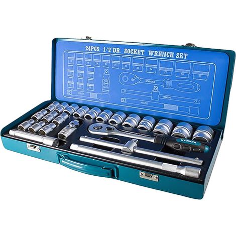 LLAVES CARRACA Y VASOS 24 PZ CAJA METALICA KIT (1/4)