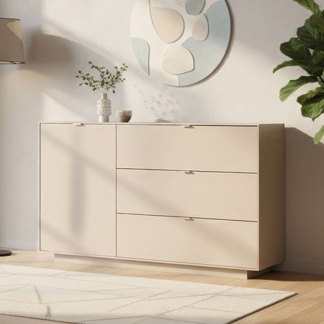 CALICOSY - Buffet 1 porte 3 grands tiroirs décor sable L160 cm VIKA (1/5)