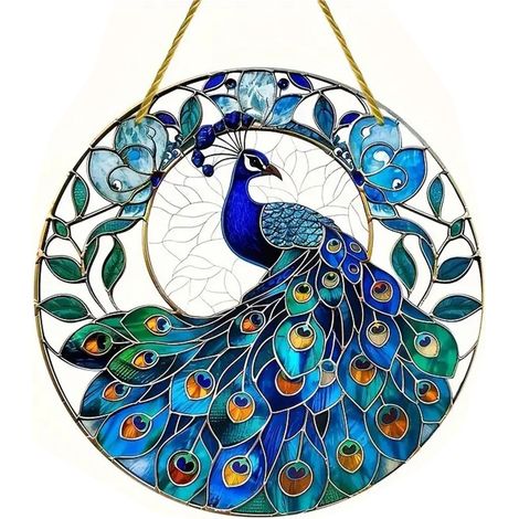 Dekorative Acryl-Fensterdekoration „Pfau“ (20 x 20 cm) mit beidseitigem Druck (YK6010). (1/4)