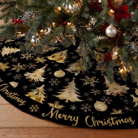 Jupe de sapin de Noël de 122 cm de diamètre, tapis de décoration de sapin de Noël flocon de neige noir et doré pour fêtes de fin d'année (1/5)