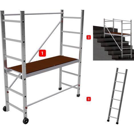 AluCombine 4.0 - 300, Arbeitshöhe 3m, Leiterngerüst mit 2x Bockrollen (Ø100mm)