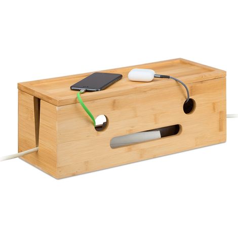 Relaxdays Kabelbox für 2 Steckdosenleisten, Bambus, HxBxT: 15,5 x 42 x 16 cm, Kabel verstecken, Steckdosenbox, natur