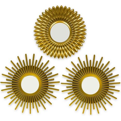 3-teiliges Wandspiegel-Set, runder Spiegel für die Wanddekoration in Wohnzimmer und Schlafzimmer, Sonnenstrahl-Spiegel, Wandbehang, originelles Geschenk für Frauen und Mütter, goldener Spiegel zur Dek