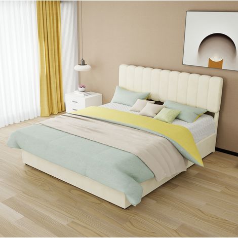lit adulte 160x200 tissu beige structure métal chambre HAVRYA (1/5)