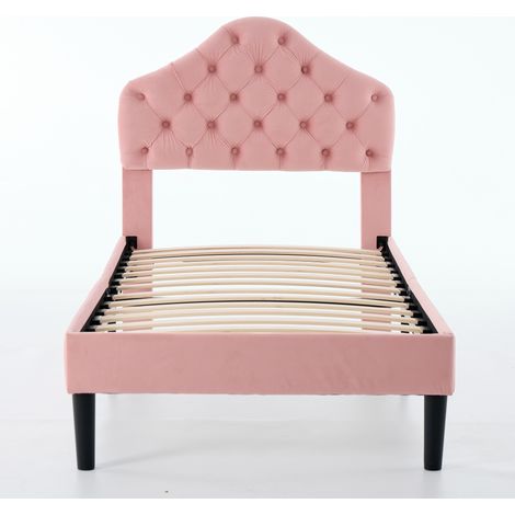 CAIziLit rembourré 90x200 velours rose avec tête réglable et lattes bois (1/5)