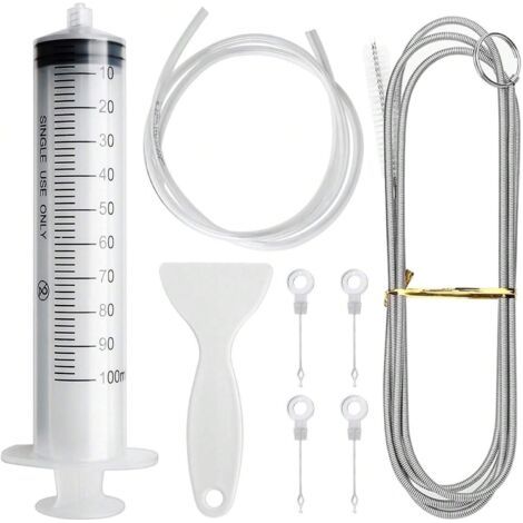 Kit de nettoyage de réfrigérateur en 8 pièces : brosse de nettoyage flexible, tuyau en PVC de 1,5 mètre, liquide de dégivrage, seringue de 100 ml et 4 couvercles de vidange pour réfrigérateur de cuisi (1/5)