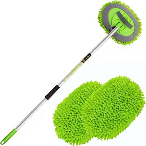 Brosse Lavage Voiture Nettoyage à Manche Long Kit de Vadrouille, 2 en 1 Chenille Microfibre Balai Pinceau ​pour Véhicule Voitures Camion Caravane, Sans rayures Vert(2 x Têtes de Vadrouille) (1/5)