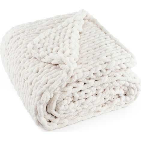 Couverture en Tricot épais 100% Fait Main avec Fil Chenille Doux, 2 kg – Grand nœud en Corde pour canapé, lit, décoration d'intérieur, 127 x 152,4 cm – Blanc crème (1/5)